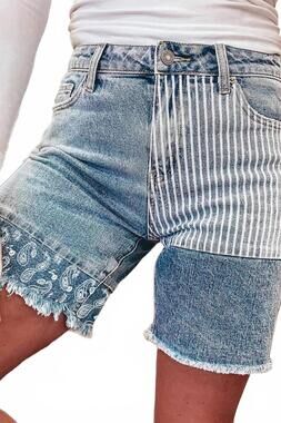 NEW DEAR LOVER stripe paisley & mixed patchwork raw hem shorts in blue